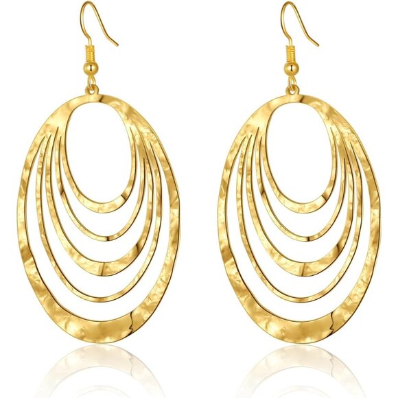 Big Gold Hollow Out Boho Geometric Hook Statement Gold Oval 2 Dangle Earrings - Picture 1 of 4